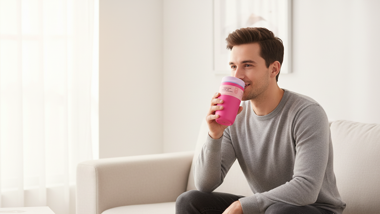 Man Using Pink Insulated Tumbler